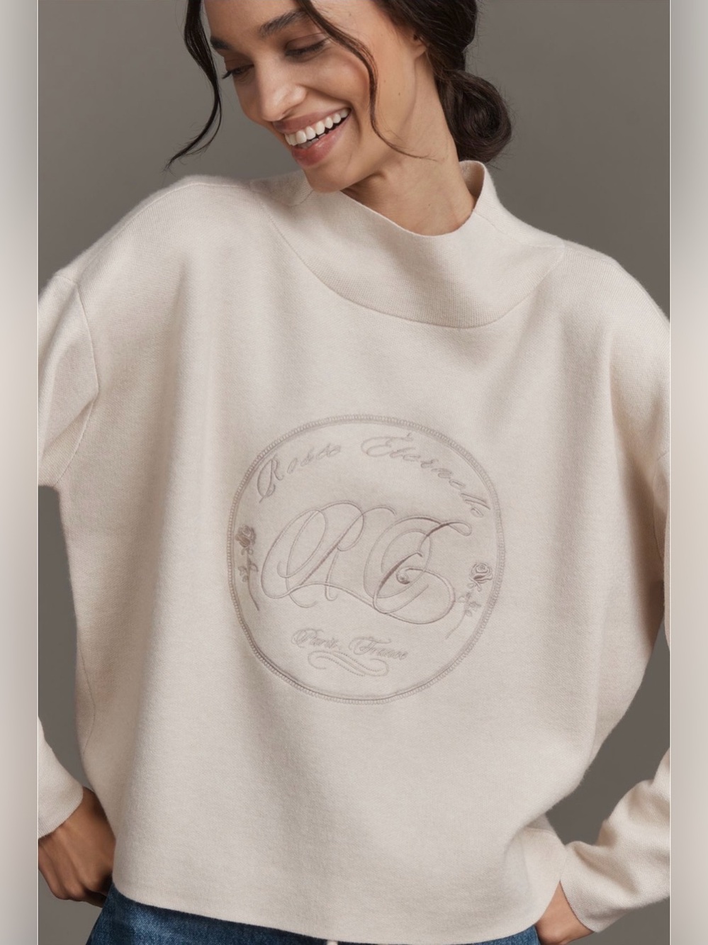 Anthropologie Maeve Carys Mock Neck Pullover Light Beige Relaxed Fit Large NWT
